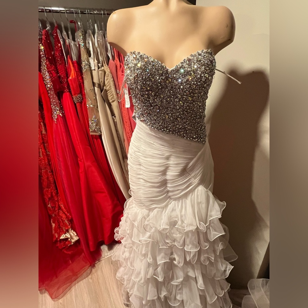 Jovani Strapless White and Silver Dress